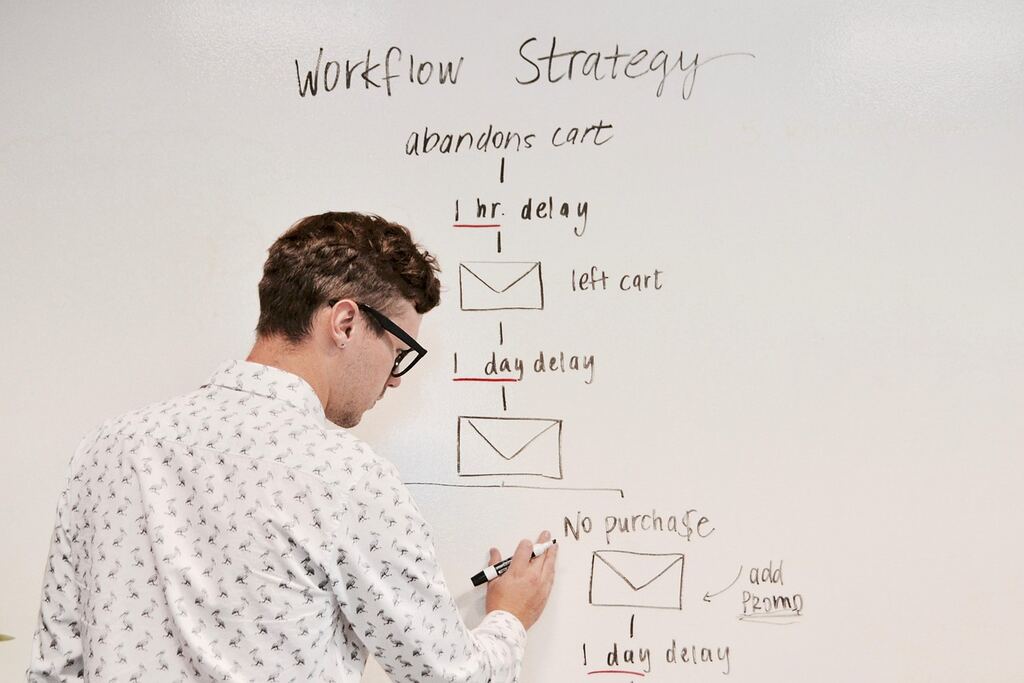 Mann skizziert einen Ablauf am Whiteboard